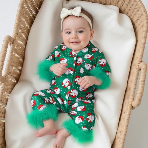 woshilaocai Baby Girl Christmas Pajamas Santa Claus Feather Trim Jumpsuit Button Down Romper Fall Winter Satin Sleepwear Pjs3
