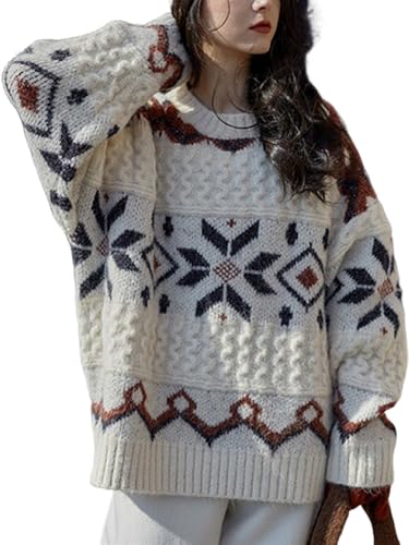 utcoco Christmas Sweaters for Women Contrast Snowflake Oversized Cable Knit Sweater Pullover (Small Beige)