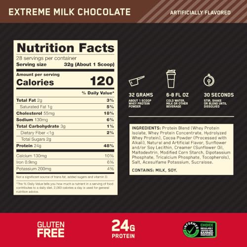 Image of Optimum Nutrition Gold Standard 100% Whey Protein Powder, Extreme Milk Chocolate, 2 Pound (Pack of 1) (Packaging May Vary)