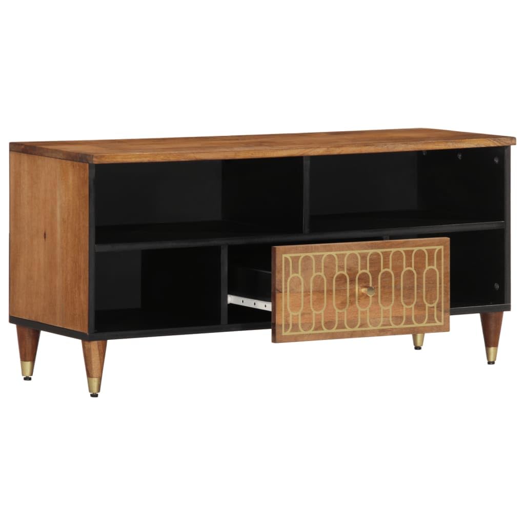 TV-Schrank 100x33x46 cm, Massivholz Mango, handgeschnitzt, Honigbraun, stabil, für Wohnzimmer, Media Center, langlebiges TV-Möbel