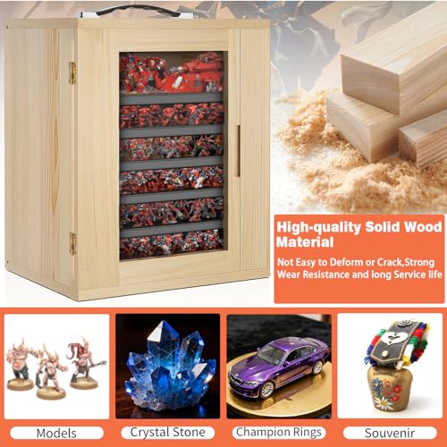Image of Miniature Storage Case for Collectibles, Miniature Display Cases with Magnetic Door and 6 Trays, Clear View Miniatures Transport Case (Natural Pine)