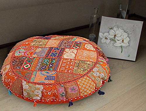 GANESHAM Indian Handmade Vintage Patchwork Cotton Boho Chic Bohemian Hand Embroidered Decorative Ethnic Foot Stool Round Floor Pillows & Cushion Cover Seating Pouf Ottoman (Orange, 32 inch)