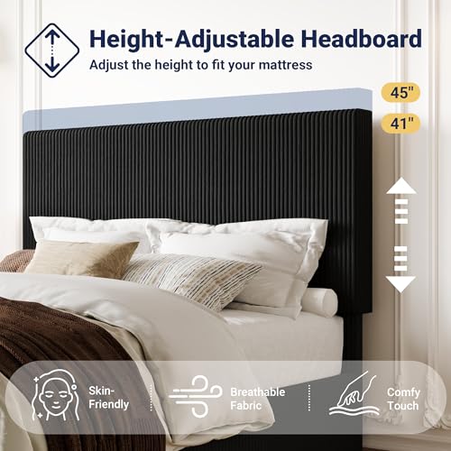 Image of Allewie Full Bed Frame, Adjustable Corduroy Headboard, Platform, Black | Adjustable Headboard, Corduroy Fabric, Low Profile, Wooden Slats, 800 lb Capacity, No Box Spring Needed