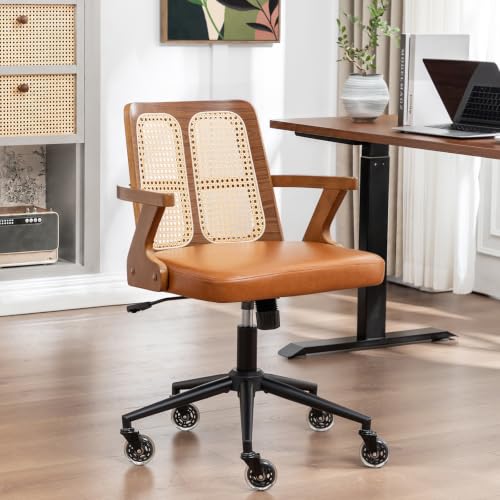 Image of Mid Century Modern Desk Chair, Faux Leather Office Chair with Rattan Back