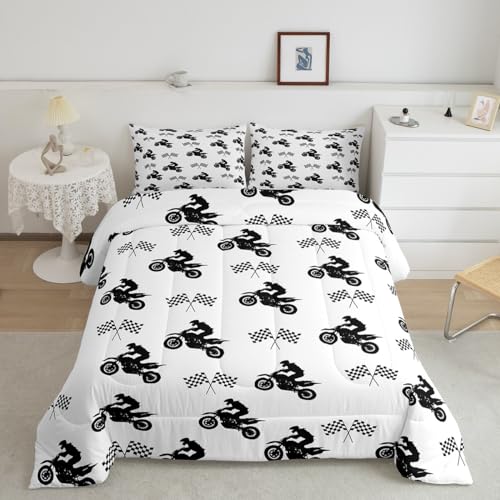 Feelyou Motorcycle Toddler Size Comforter Set for Kids Boys Motocross Racer Teens Bedding Set Dirt Bike Motorbike Quilt Duvet Set Extreme Sports Themed Bedroom Decor