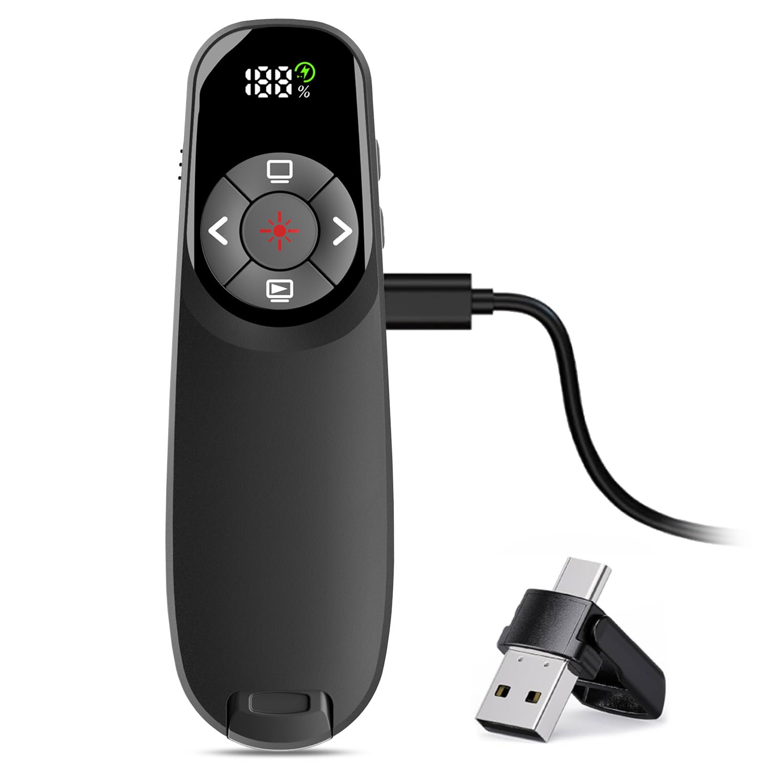 VOVIGGOL Ergonomique Télécommande de Présentation Rechargeable Sans Fil avec Écran de Minuteur, Zapette Powerpoint 2.4GHz, Cliqueur 2-en-1 Double Interface USB Adapté Compatible PC Ordinateur Portable