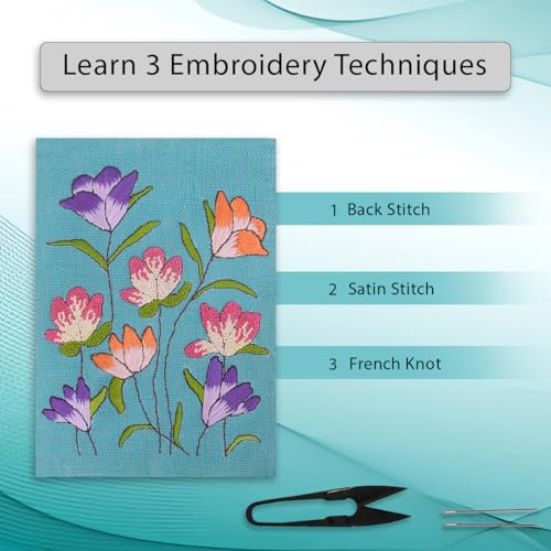 Image of picknMAKE Hoop-Free Needle Stitch Blooming Threads Diy Hand Embroidery Kit Set For Adults,Stiff Jute Fabric Art Craft Work,Printed Floral Design With Threads,Needles,Cutter & Instruction,Multicolor