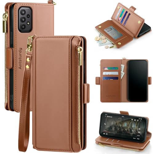 Antsturdy Samsung Galaxy A23 5G Wallet case with Card Holder for Women Men,Galaxy A23 4G Phone case RFID Blocking PU Leather Flip Shockproof Cover with Strap Zipper Credit Card Slots,Light Brown
