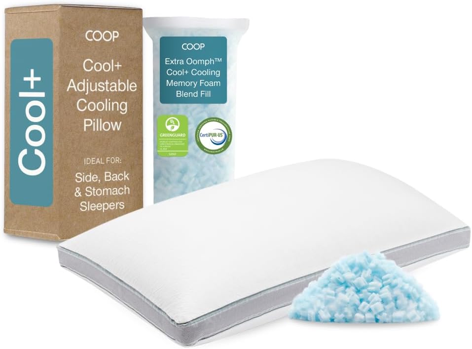 Coop Home Goods Cool+ Adjustable Pillow, Queen Size Plus Shaped Memory Foam Pillows with Cooling Gel, Back, Stomach or Side Sleeper, Neck Support for Sleeping, CertiPUR-US/GREENGUARD Gold Eden Cool+ Queen Standard