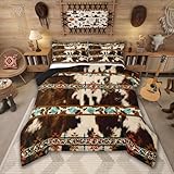 Erosebridal Cowhide Comforter Set Western Bedding Set,Brown Cow Print Quilt Exotic Diamond Aztec Tribe Down Comforter Full,Farm Animals Bull Cattle Skin Room Decor Cowboys Gifts for Women