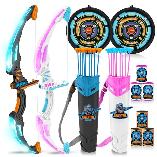 JOYIN 2 en 1 Juego Combinado de Arco y Flecha de Gravitón y Fotón, Juego de Juguete de Tiro con Arco para niños, Juego de Tiro con Arco Iluminado 2 Arcos, 18 Flechas de Ventosa, 8 Blancos y 2 Carcaj