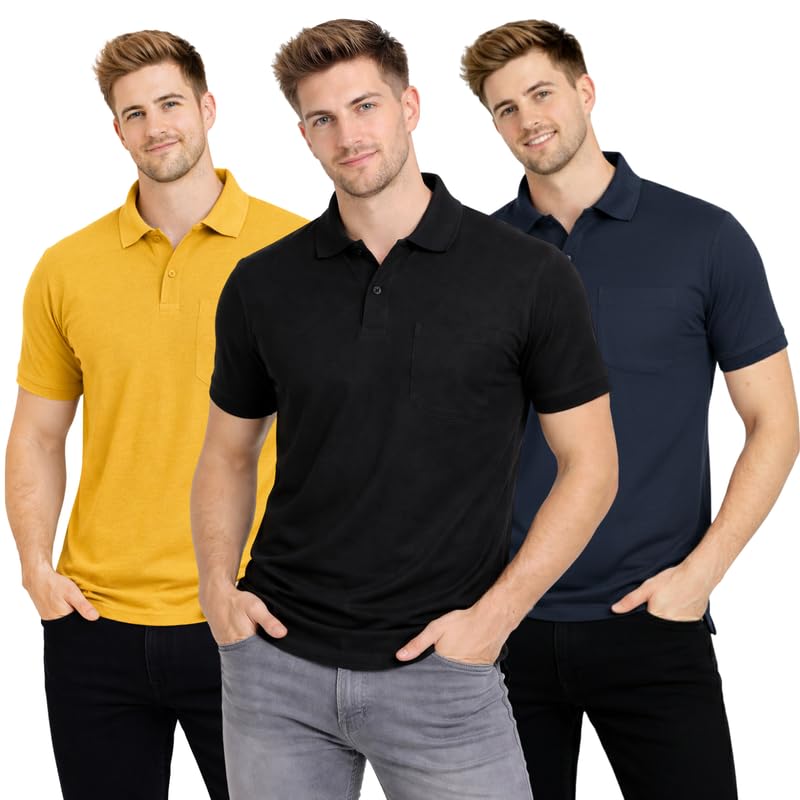 Image of SMAN Polo Neck T-Shirt Pack of 3 for Men & Boys | Half Sleeve Collar Tee with Pocket | Premium Spun Matty Fabric | Casual & Office Wear | Sizes M to 2XL | FX PO3 MCR BLK NVY
