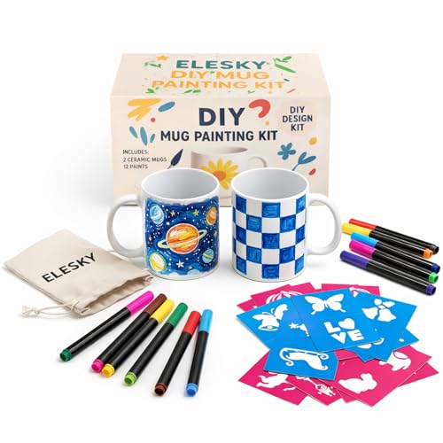 ELESKY Kit Peinture Tasse Kit Mug à Peindre – 2 Mugs en Céramique 12 Feutres Porcelaine Séchage Rapide 12 Pochoirs Design (24 Motifs) Trousse & Notice – DIY Cadeau