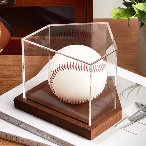 Maitys Baseball Display Case with Home Plate Shaped Wooden Base and Acrylic Baseball Holder - UV Protection Stand for Single Ball