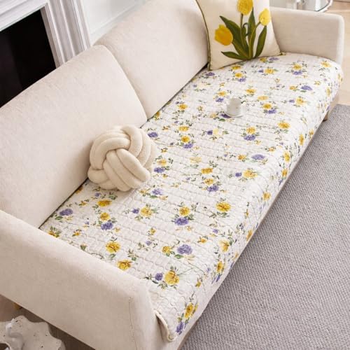 Image of HOMETHREADS Anti-Skid Sofa Protector Mat: Premium Printed Cotton Slipcover with Strong PVC Non-Slip Backing, (Purple Beige, 4 Seater | 210x75cm)