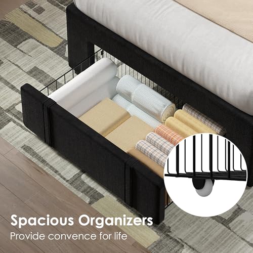 Image of VECELO Twin Size Upholstered Bed Frame with Storage Drawer, Adjustable Velvet Rivet Decor Headboard, Wooden Slats Platform Support, No Box Spring Needed, Easy Assembly,Black