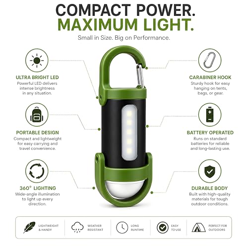 Image of Mini LED Flashlight with Carabiner Clip - Rechargeable Magnetic Work Light with Side COB Lamp, Waterproof Pocket Torch for Camping, Hiking, Travel & Emergency Use (Green-Black)