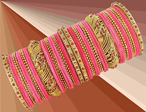 Image of NMII Metal with Zircon Gemstone and Beads Studded Ball Chain Linked Glossy Finished Velvet Bangles Chuda set for Women and Girls
