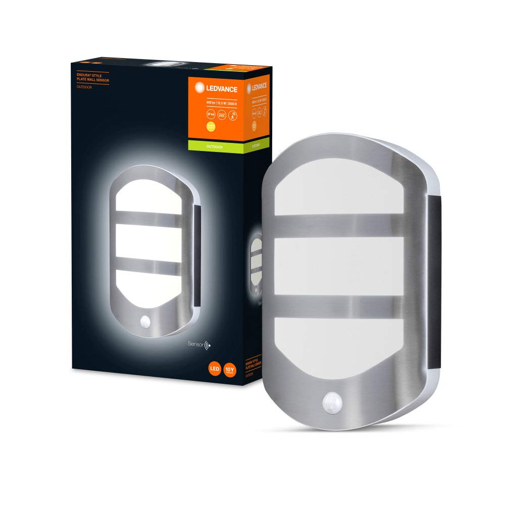 LEDVANCE Applique et plafonnier LED, luminaire design en optique plate pour extérieur avec détecteur de mouvement, blanc chaud (3000K), 13W, ENDURA STYLE PLATE WALL SENSOR