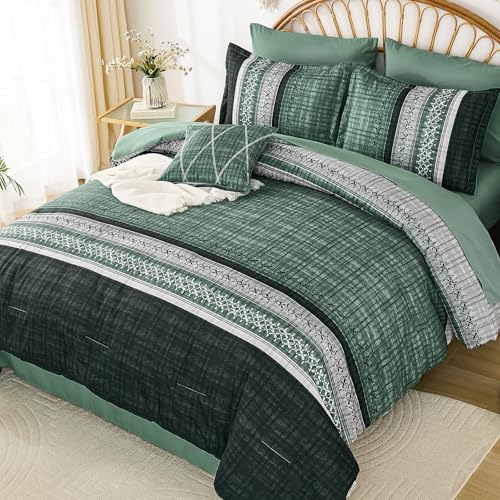 Image of Dintszyayue Green Comforter Set Queen Size, 8 Pieces Boho Striped Bed in a Bag Soft Microfiber Bedding Set for All Season