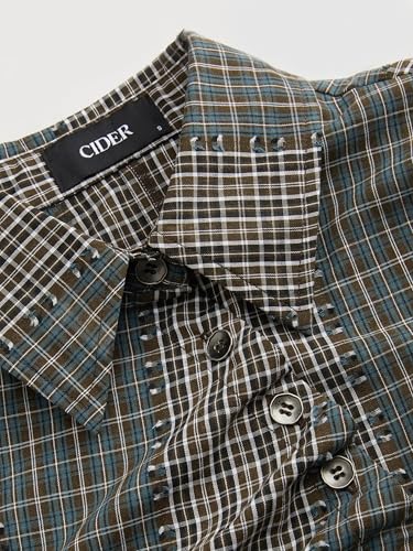 CIDER Women Asymmetrical Button Shirt Plaid Short Sleeve Gingham Collar Neck Two Tone Patched Tops2