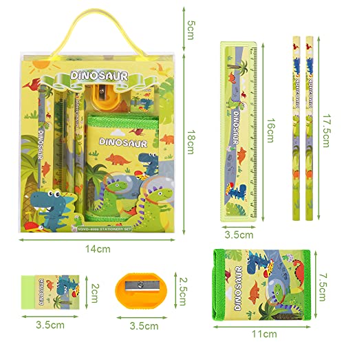 Vicloon Dinosaurier Schreibwaren Set, Schreibwaren Geschenkset für Mädchen, Radiergummi, Anspitzer, Brieftasche, Lineal, Bleistift, Kinder Mitgebsel, Geschenk Set für Mädchen und Junge(Dinosaurier)
