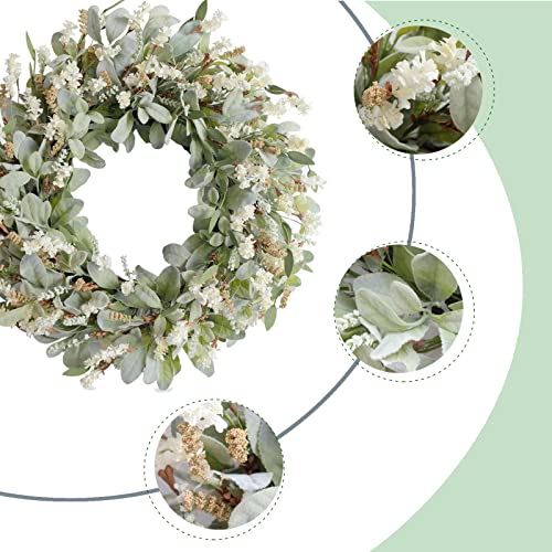 Egolot 24 Inch Summer Spring Ivory Flowers Wreath For Front Door, Everyday Lamb Ears Leaves Wreath With White Artificial Flower For Indoor And Outdoor, Rustic And Farmhouse Greenery Flower Wreath #TOP1