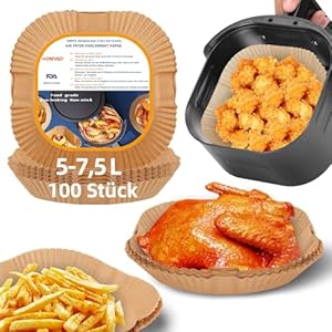 HONYAO Backpapier für Heißluftfritteuse XXL 5-7,  L, 100 Stück Quadrat 20x20 cm Air fryer Backpapier Antihaft Einwegschalen Luftfritteuse Pergamentpapier Kompatibel mit COSORI, hilips, ecotec Airfryer