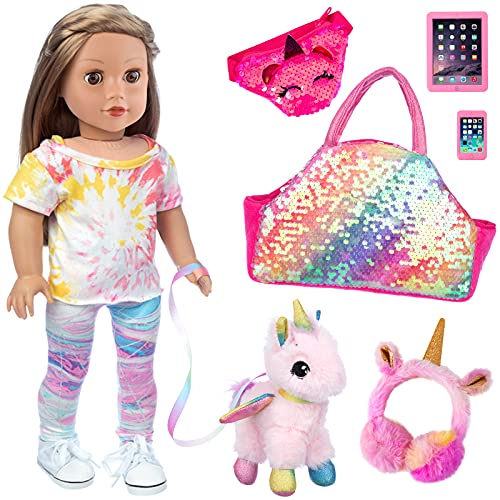 Ecore Fun 7 Piece Doll Pet Set and Accessories Included Doll Clothes Carrier Bag Toy Pet Toy Earmuffs Phone Tablet Fanny Pack Fit for 18 Inch Girl Doll- Best Gift for Your Kids