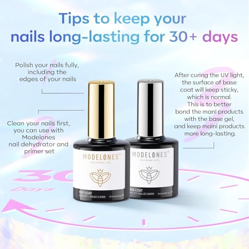 Modelones Base Coat Top Coat Gel UV LED Nagellack Set No Wipe Unterlack & Überlack 10ml x 2 für Gelnägel Nail Art Maniküre Nageldesign… – Ansicht 4