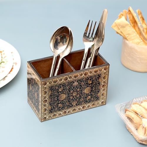 Image of DULI Multipurpose Stand, Cutlery Holder, Spoon Stand, Table Organizer with 2 Sections, Chammach Stand (10cm x 15cm) (Jamawaar)