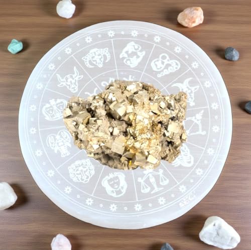 Image of Original Pyrite Stone with Natural Selenite Charging Plate | Lab Certified Crystal Set for Wealth, Business Luck, Reiki Healing & Vastu Energy inch (SEL+METRON)