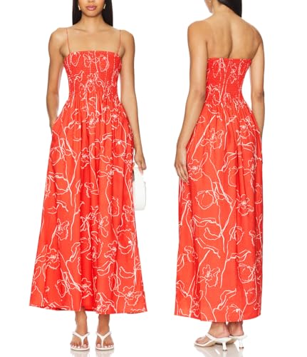 Image of Aigeman Women Detachable Strap Dress Strapless Smocked Bodice Maxi Dress Pockets Long Swing Flowy Beach Sundress 373