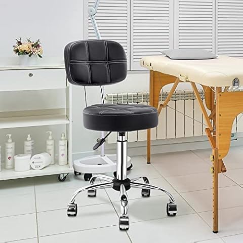 HomeMiYN Rolling Massage Stool with Back Support Swivel Wheels Adjustable Barstool for Tattoo Pedicure Facial Medical Lab Black Cover