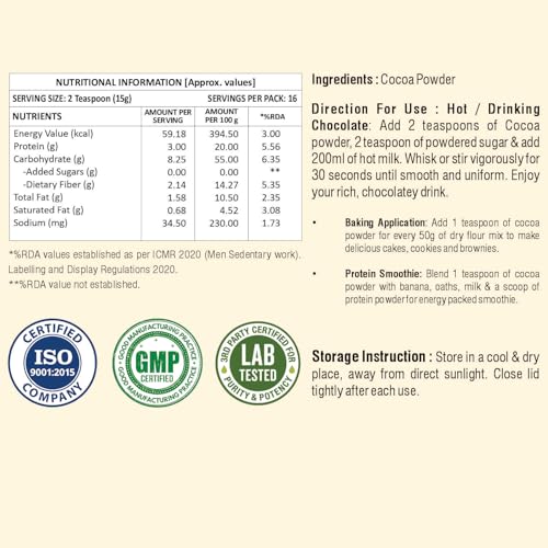 Image of Weoliv Unsweetened Cocoa Powder | Pure & Natural | Cocoa Powder for Cakes, Baking & Desserts | Hot Chocolate & Milkshakes | 250 g