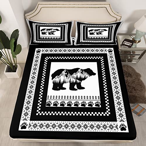 Jungle Bear Sheet Set Black And White Buffalo Plaid Bedding Sets Bear Paw Print Aztec Southwestern Bed Sheets Mandala Gypsy Indian Boho Chic Top Flat Sheet Fitted Sheet With 2 Pillow Cases Full #TOP1