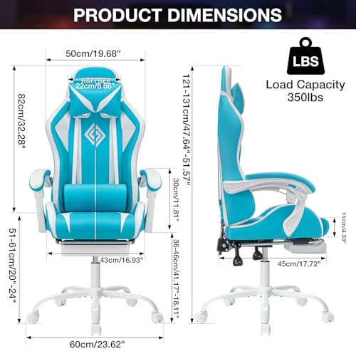 Image of RGB Gaming Chair with LED Lights Massage Game Chair with Footrest Ergonomic Computer Chair High Back Video Game Chair with Adjustable Lumbar Support Linkage Armrest Blue and White
