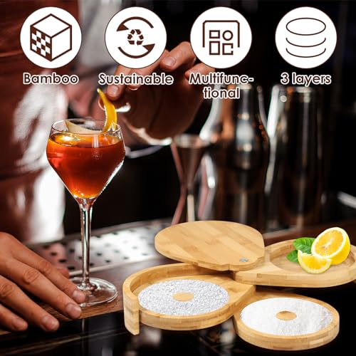Bamboo Margarita Salt Rimmer Set 3 Tiers Bar Glass Rimmer Cocktail Salt Rimmer with Lid and Sponge Salt and Sugar Rimmer Bartender Tool for Bar House Party Mary Manhattan Drinks(21 * 17 * 6.5C,1PCS)