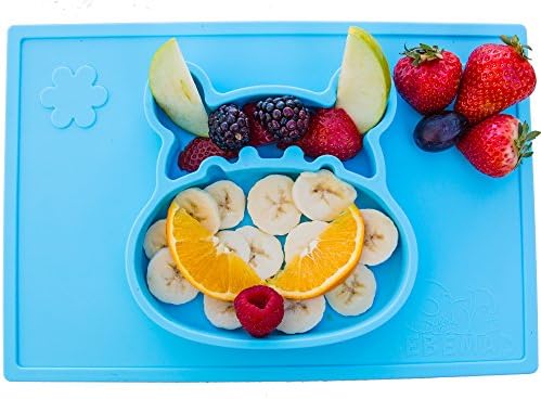 Silicone placemat and baby plate tray for infants toddlers and kids - these portable hippo happy mats one piece bowl suctions and fits to most tables highchair non slip baby feeding FDA Approved
