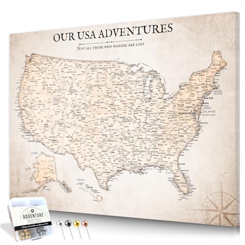 Image of IPIC - Vintage USA Map Pin Board Canvas Wall Art, Travel Map with Pins Included, Ready to Hang for Home or Office 40x30 Inch