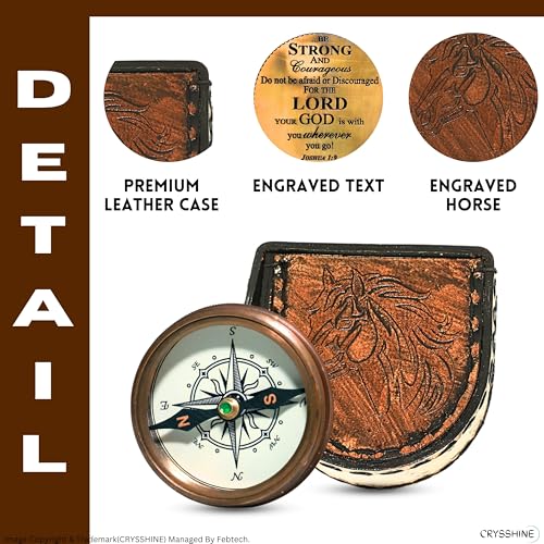 Brújula grabada con caballo de bronce antiguo y estuche de cuero miniatura 3