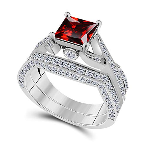 DreamJewels 2.00ct Cz Diamond & Princess Cut Created Red Garnet 14k White Gold Plated Bridal Ring Set, 2 Piece Alloy in Engagement Wedding Ring Set