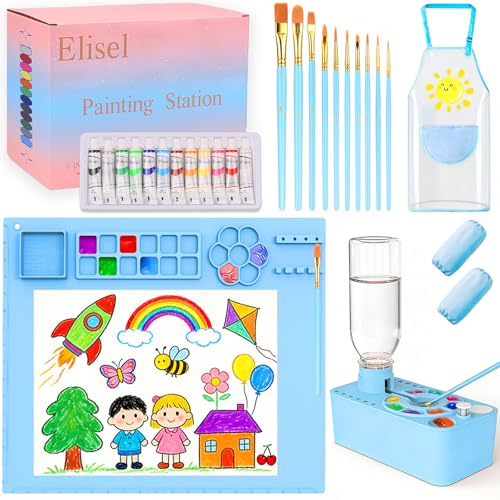 Elisel Painting Station 5 IN 1 Art Paint Supplies Kits Paint Brush Cleaner (Upgraded) Silicone Painting Mat 12 Colors Paint Set 10 Paint Brushes Painting Apron for Kids Artist Beginners (Blue 5)