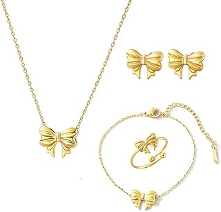Bow Necklace Earrings Bracelet Set for Women Bowknot Necklace Stud Earrings Exquisite Gold Silver Bow Bracelet The First Choice For Giving Gifts Christmas Holiday Jewelry