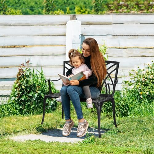 38" Outdoor Garden Bench, Patio Furniture Outdoor Chair with Aluminum Frame, Weather Proof Patio Park Bench with Orchid Backrest for Park, Porch, Pool, Backyard