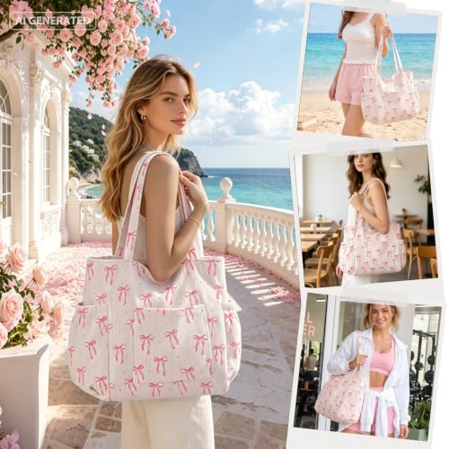 hatisan Pink Bow Corduroy Tote Bag for Women, Cute Coquette Shoulder Bag - image 2