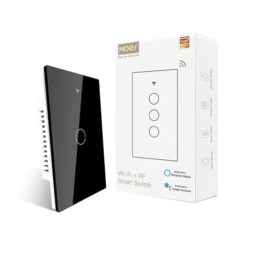 MOES 2.4GHz WiFi Wall Touch Smart Switch Neutral Wire Required, 3 Way Multi-Control, Glass Panel Light Switch Work with Smart Life/Tuya App, RF433 Remote Control, Alexa and Google Home Black 1 Gang