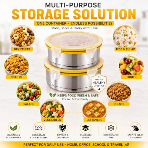 Image of Stainless Steel Airtight Round Container with Leak Proof Lid | BPA Free Food Storage Lunch Box Dabba for Office College School Home Travel | Tiffin Box (5.50 x 12 cm Size) | Pack of 2,Yellow