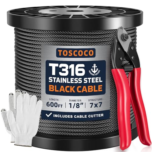 Cable de avión inoxidable negro T316 de 600 pies y 7x7 hebras para kit de barandilla