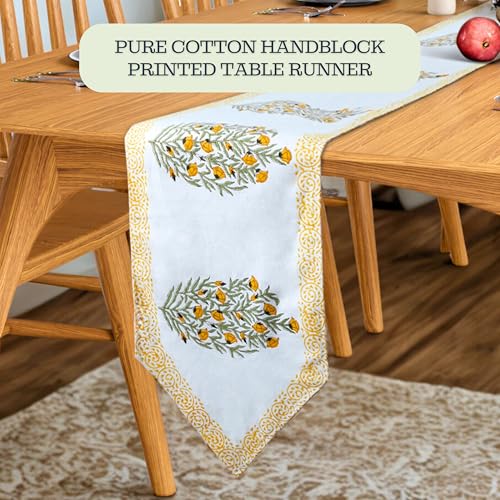 Image of Table Runner 100% Cotton Linen - Spring Block Print Collection - Elegant Boho Vintage Floral Farmhouse Decor - Dining Living Room Kitchen Bedroom - 72 inch 4 - 6 Seater - Yellow Bloom Sicily